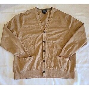 Lands End Cardigan Sweater Mens Large Supima Cotton Brown Pockets Preppy